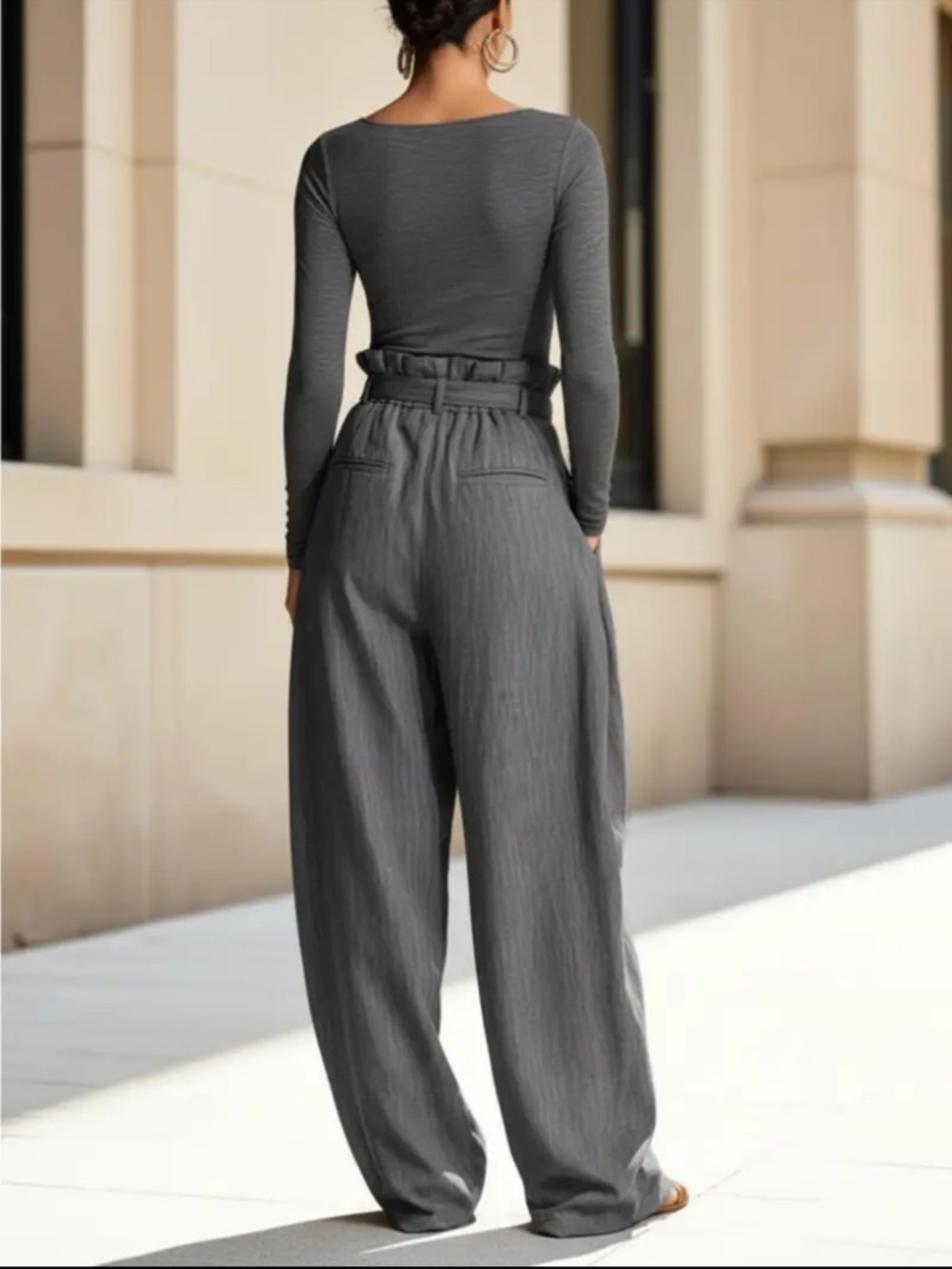 Top with High-Waist Wide-Leg Pants with Belt - Gray - Picture 2 of 3